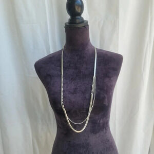 Chico's Womens Long Silver Tones Chain Necklace Rhinestones 33" + 4"